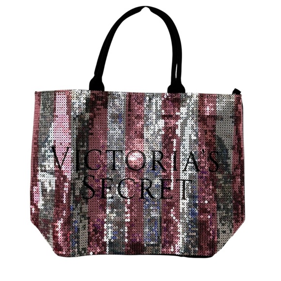 NWOT Victoria’s Secret Sequined Stripe Zip Closure Tote Bag – Pink Silver Black - Picture 1 of 9
